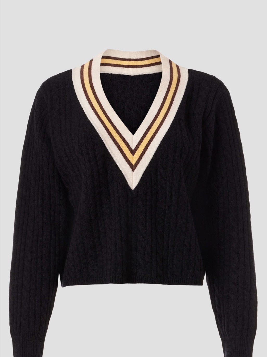 Sandro Black V-Neck Cable Knit Sweater With Cream And Gold Trim